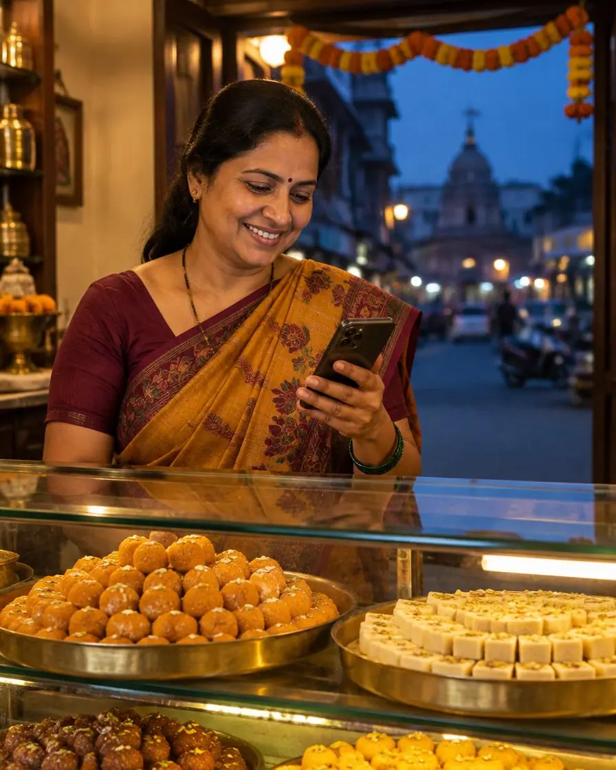 A sweet shop owner smiling at her phone behind a counter of laddoos and barfi