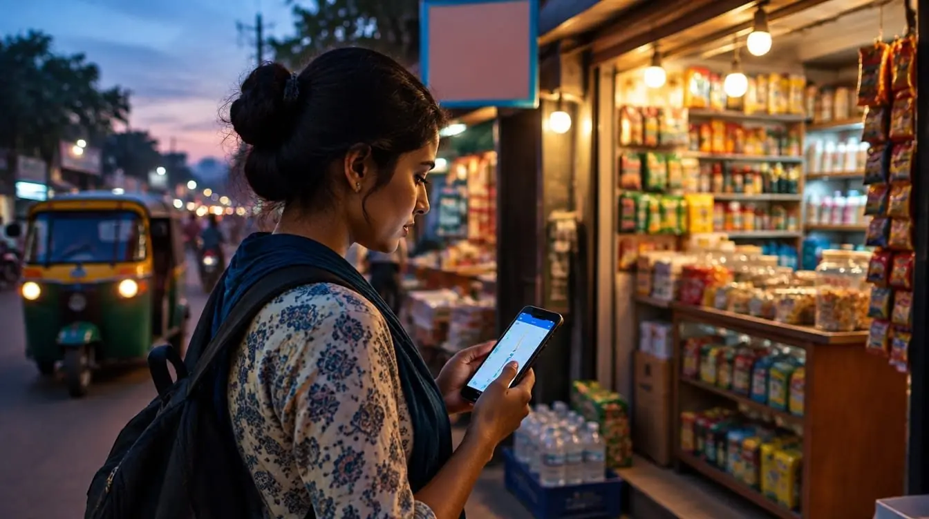 Customer outside a shop checking Google Maps on her phone